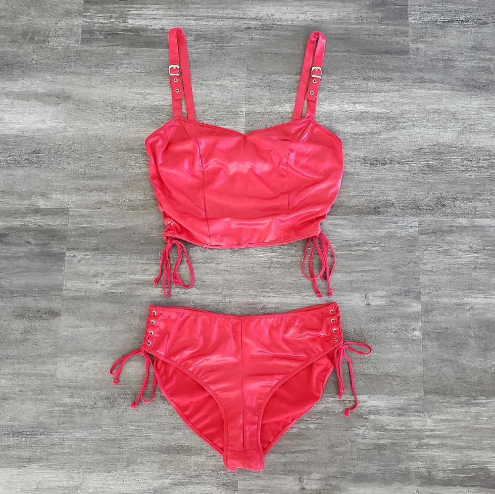 Red Metallic Fredericks Laced Up Seduction Set